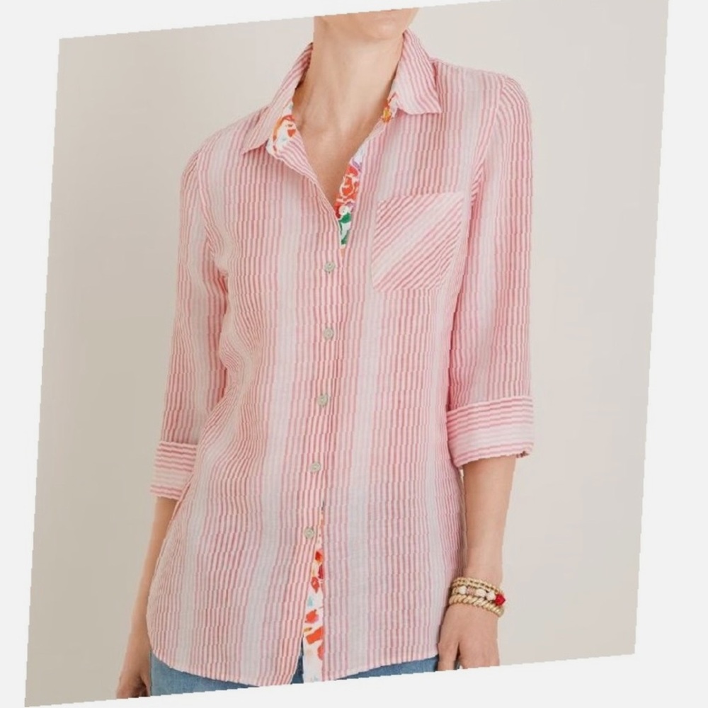 Chico’s No Iron Linen Ombré Stripe Floral Placket Shirt. Size 4/6.Chico’s 0.